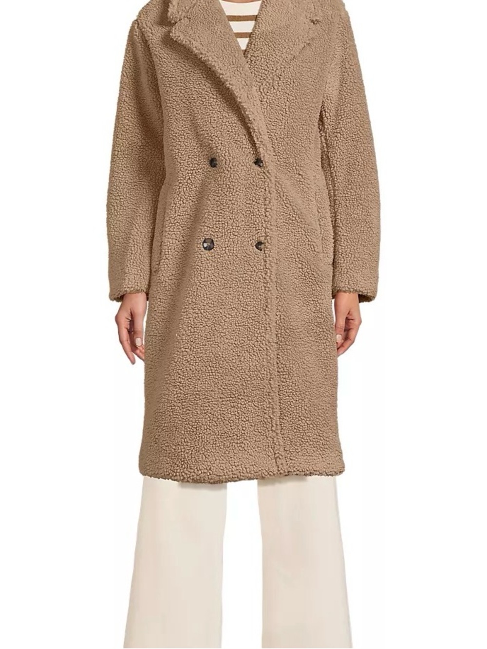 Lands' End Plush Double-Breasted Teddy Coat in Tan